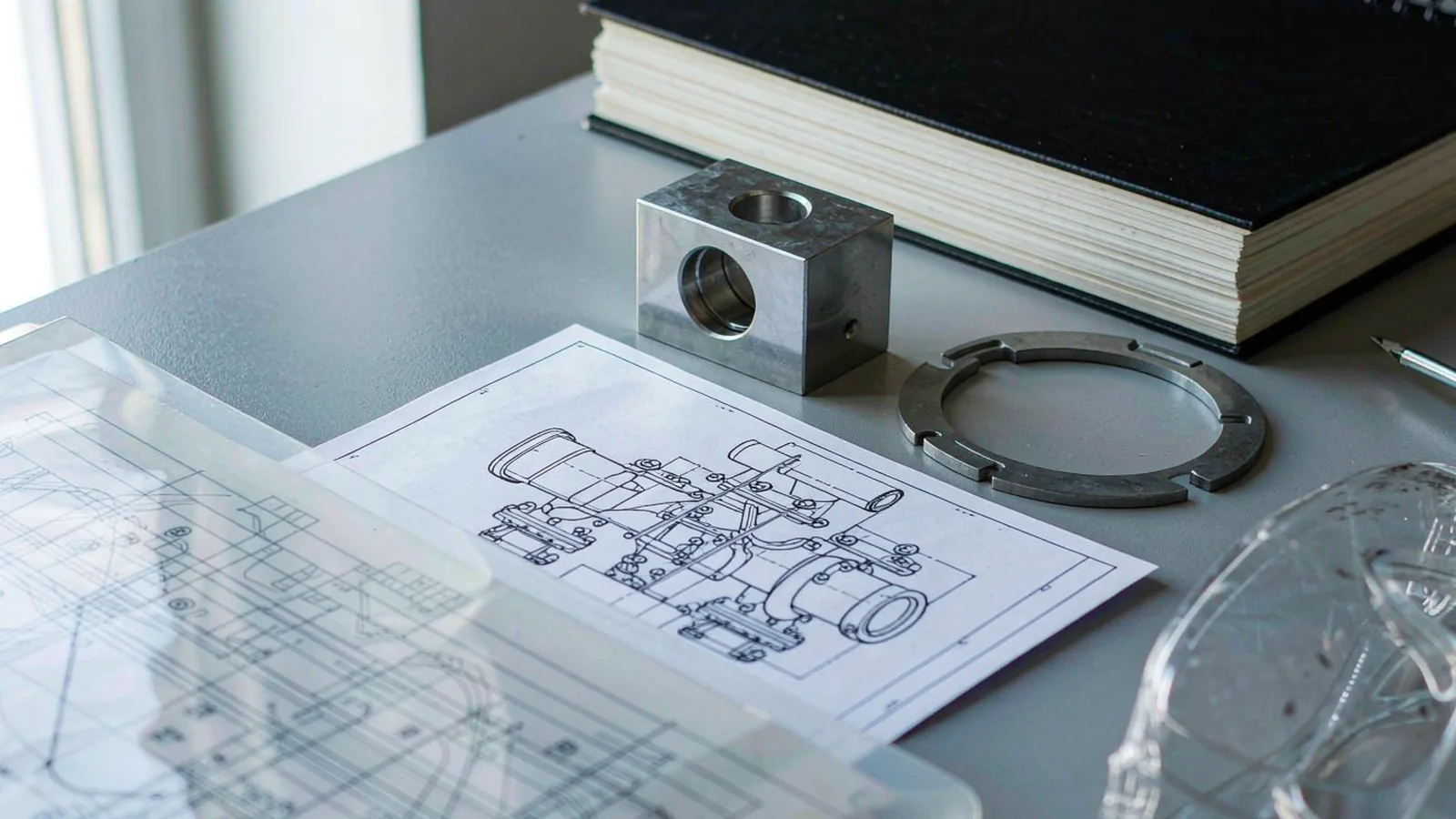 Technical documentation and electrical schematic drawings on an engineer's desk beside packaging machine parts