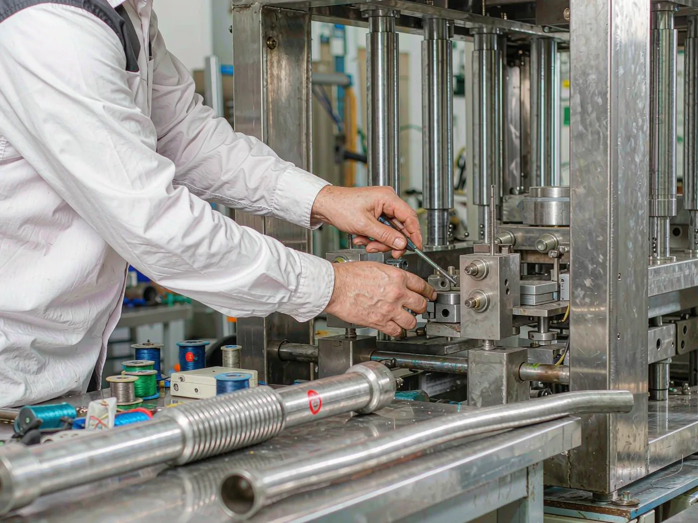 Technician assembling and testing stainless steel packaging machinery in a workshop