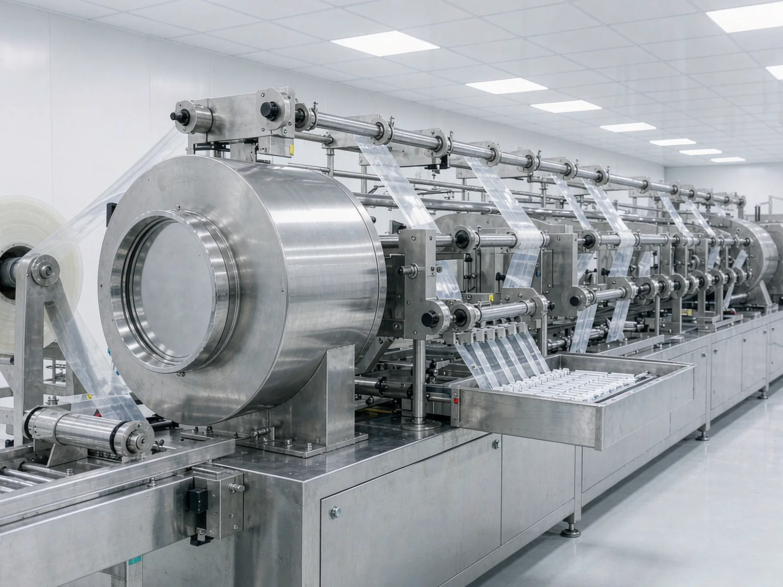 Stainless steel single-dose packaging line running stick packs in a clean production hall